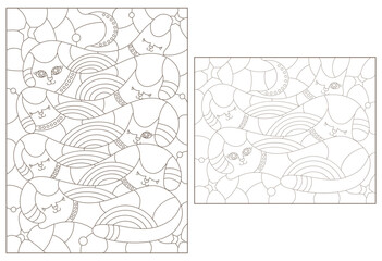 Obraz premium A set of contour illustrations in the style of stained glass with abstract cats, dark contours on a white background