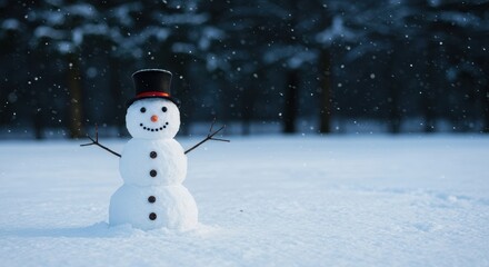 Fototapeta premium A classic cheerful snowman standing proudly in a quiet, snowy field under soft winter light, evoking seasonal holiday feelings ,holiday ,peaceful ,wintry
