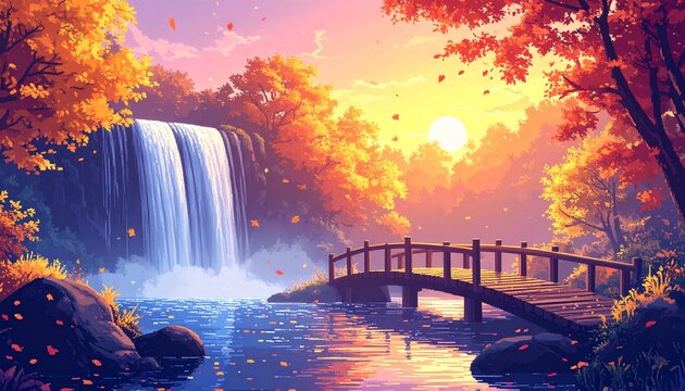 Dreamy pixelated waterfall scene with golden autumn leaves falling, a peaceful woode - Powered by Adobe