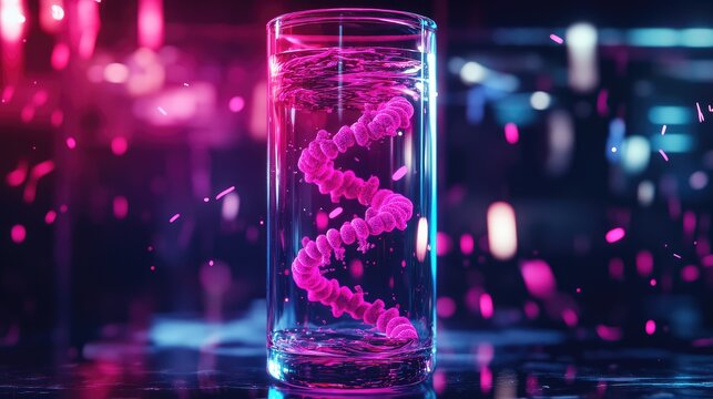 Glass containing glowing dna helix in scientific research
