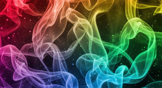 Rainbow-colored smoke against a black background with stars.