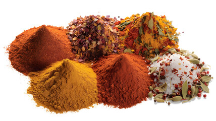 Colorful spice mounds isolated on white background