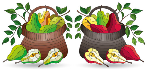 A set of stained glass illustrations with still lifes, baskets with pears on a table isolated on a white background