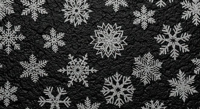 A black and white photo of a snowflake pattern on a textured black background. - Powered by Adobe