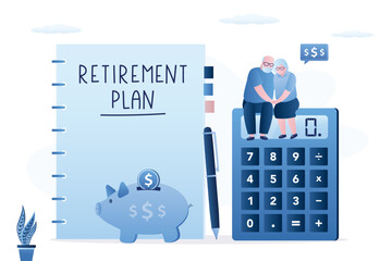 Retirement plan strategy for senior people. Happy elders sitting on calculator. Piggy bank and paper document. Aged couple managing finances. Financial planning, pension,