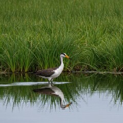 Obraz premium A majestic water bird searches for prey in the tranquil delta wetlands, surrounded by lush green marsh grasses and reflecting the calm sky, water, serene, riparian