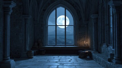 Fototapeta premium Moonlit view from an ancient castle room with stone walls and a calm atmosphere at night