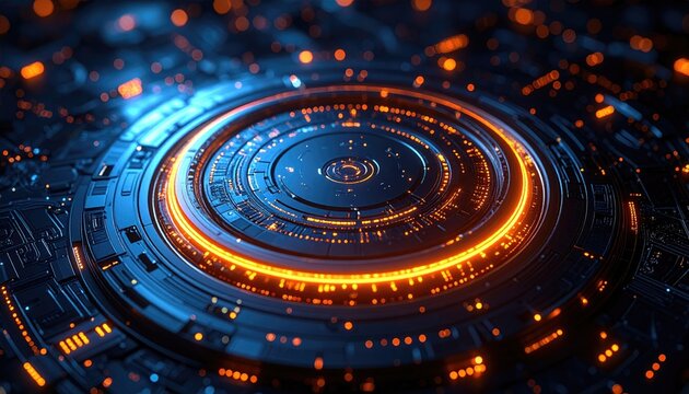 Close-up view of a high-tech, circular mechanism with glowing orange and blue accents, suggesting complex data
