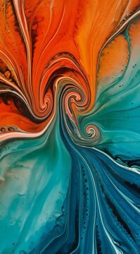 Whirling Dervish: A dynamic display of fluid acrylics in vibrant orange and turquoise hues