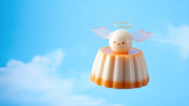 A playful jelly dessert topped with a cute angel figure features layered orange gradient hues against a blue sky backdro