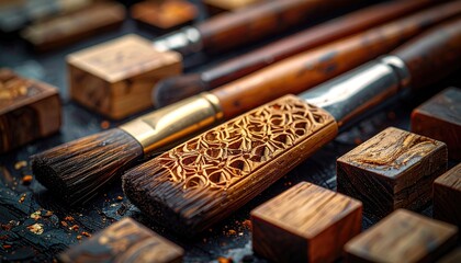 Close-up of woodworking tools with varied textures. Carved and smooth wooden pieces, alongside paintbrushes, are arranged on a dark surface