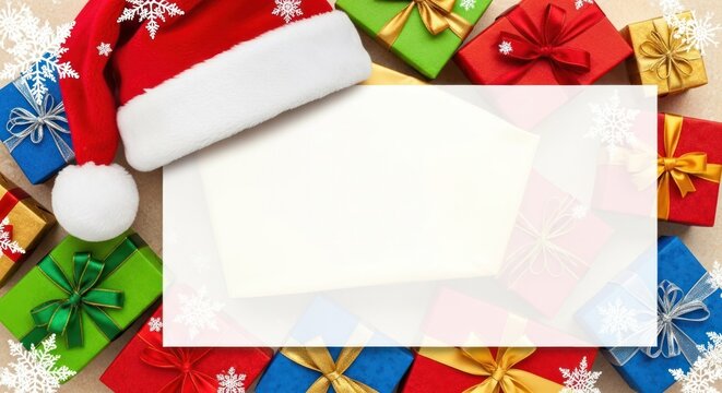 Christmas presents and a Santa hat on a wooden table with snowflakes and a blank card.
