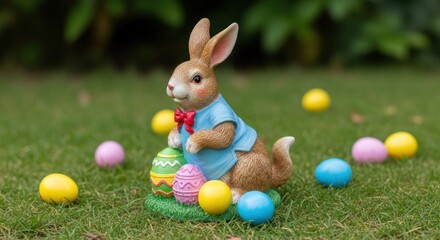 A brown rabbit with a blue shirt and red bow, surrounded by colorful Easter eggs on a grassy lawn with green foliage in the background.