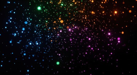 A colorful, abstract background featuring a rainbow of glowing, iridescent particles and stars against a black backdrop.