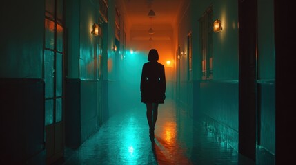 Mysterious figure walking down an eerie corridor lit by colorful lights in an abandoned building