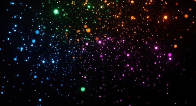 A colorful, abstract background featuring a rainbow of glowing, iridescent particles and stars against a black backdrop.