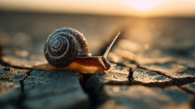 Snail crawling on cracked earth during sunset, showcasing nature's resilience in harsh conditions