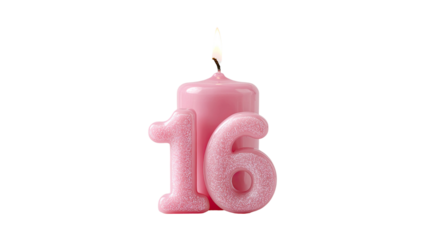 pink birthday candles with the pink number 16 isolated on white background