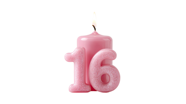 pink birthday candles with the pink number 16 isolated on white background - Powered by Adobe
