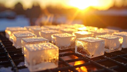 Close-up of ice cubes melting on a grill, with a fiery glow from the sun in the blurred background