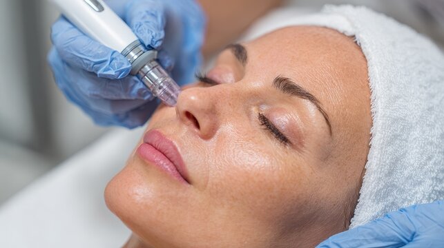 Skin treatment session for rejuvenation at a beauty clinic with a client relaxing on a treatment table