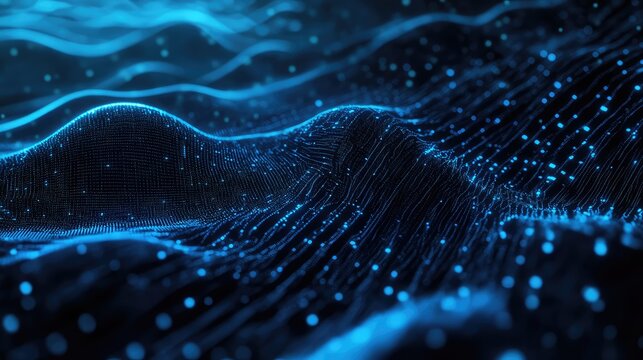 Blue glowing particles forming digital data waves