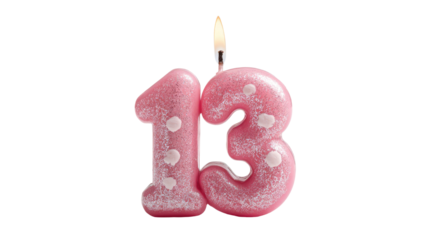 pink birthday candles with the pink number 13 isolated on white background