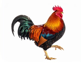 Fototapeta premium Rooster on white background, isolated object, live chicken, one closeup farm animal