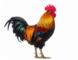  Rooster on white background, isolated object, live chicken, one closeup farm animal