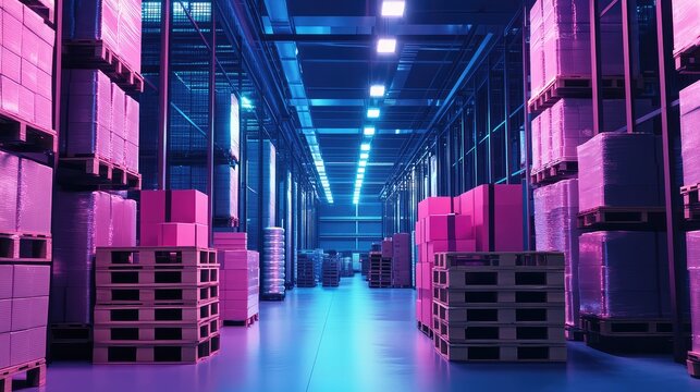 Future warehouse storage concept with pink and blue lighting - Powered by Adobe