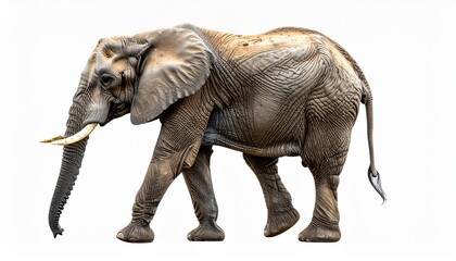 Obraz premium African Elephant Side View Isolated on White. The animal is seen walking. PNG file 