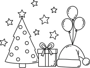 Christmas tree with stars, gift box, balloons and Santa hat outline illustration perfect for festive holiday coloring pages and decoration designs
