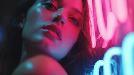 Close-up of a woman with expressive features and vibrant neon lights at night in an urban setting