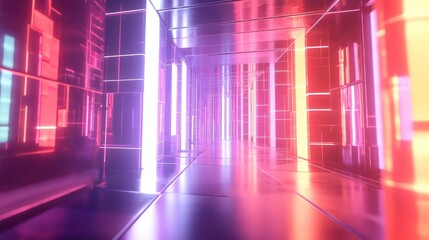 Glowing futuristic tunnel with colorful neon light reflections