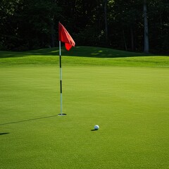 Obraz premium Lush, immaculate putting green landscape awaits the final shot. The identifiable flagstick marks the precise target location on the smooth surface ,outdoor ,championship ,hobby