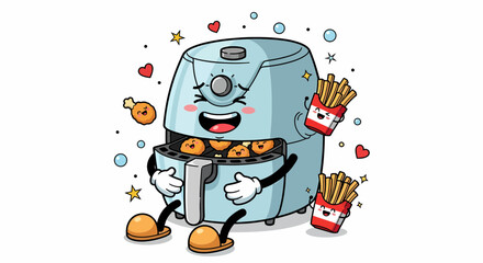Happy cartoon air fryer character mascot with french fries.