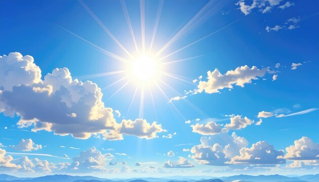 Cartoon sky with puffy clouds scattered throughout and a bright sunburst at the center, bright, sunny day