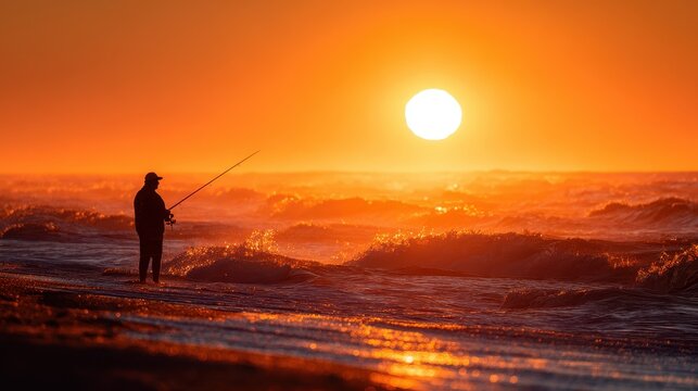 Fisherman stands by the ocean as the sun sets over the waves at the beach