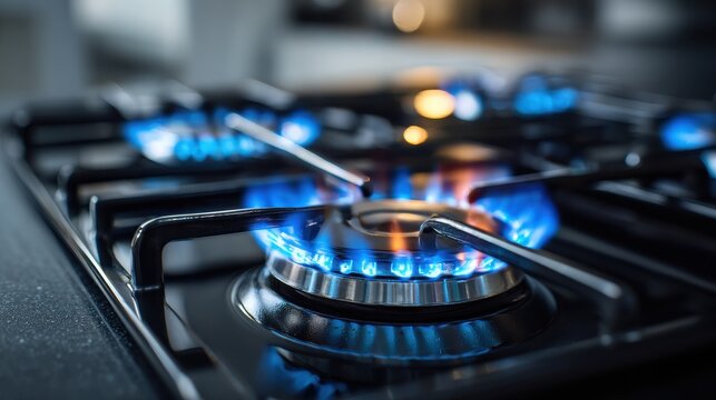 Gas stove burner with vibrant blue flame and black grid, creating warmth in a modern kitchen during evening cooking sessions - Powered by Adobe
