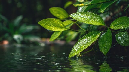 Fresh rainwater collects on vibrant green leaves near a tranquil pond surrounded by lush vegetation in a serene natural setting