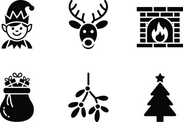 Christmas, holiday, festive, icons, elf, reindeer, fireplace, sack, gifts, mistletoe, tree, winter, symbol, cartoon, vector, illustration, design, celebration, decoration, seasonal