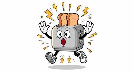 Shocked cartoon toaster character jumping in surprise with toast.