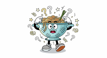 Puzzled kitchen colander character with a shocked expression.