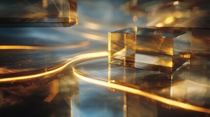Glass cube refracting golden light streaks on reflective surface