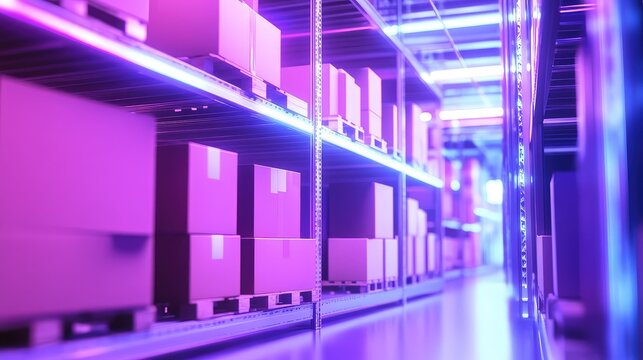 Futuristic warehouse storing and delivering packages using automated logistics