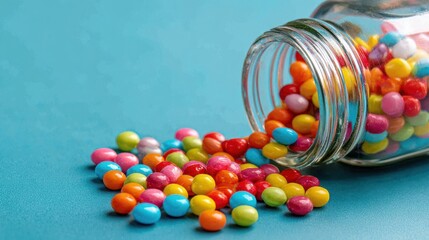 Colorful candies spill from a glass jar onto a bright surface in a playful arrangement