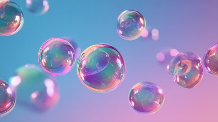 Colorful soap bubbles floating in the air against a pastel background during a sunny day