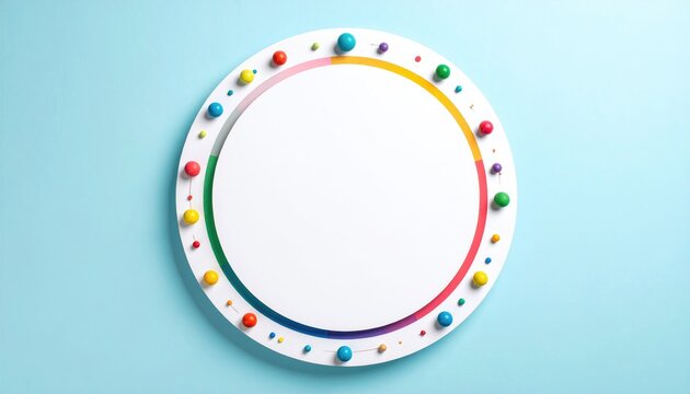 Colorful candy dot ring border on light blue background, a white circle within, with dots linked by fine lines