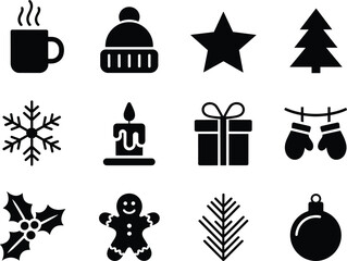 Christmas, holiday, winter, festive, icons, mug, hat, star, tree, snowflake, candle, gift, mittens, holly, gingerbread, ornament, branch, illustration, vector, design, celebration