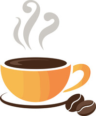 coffee, cup, mug, hot, drink, beverage, steam, beans, breakfast, cafe, icon, illustration, vector, design, cartoon, symbol, brown, orange, saucer, shadow